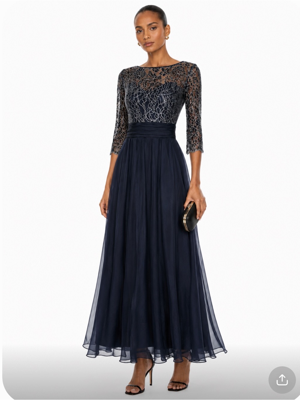 THEIA Blue Lace Bodice Boat Neck 3/4 Sleeve Long Formal Gown Size 6